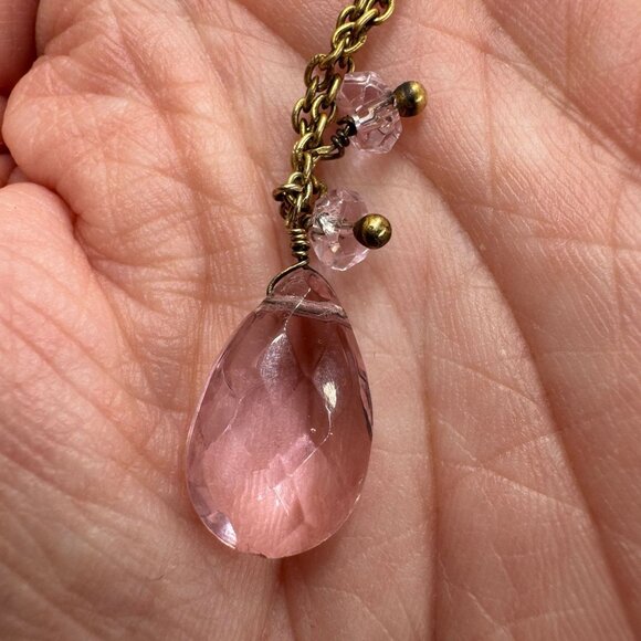 Teardrop Mystic Quartz Sterling Silver and Pink Rose Rhinestone Lariat Necklace - Picture 4 of 13